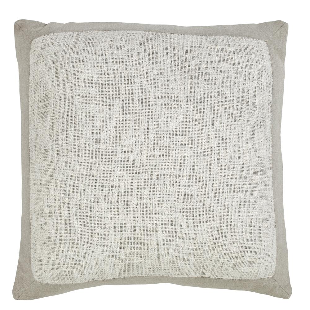 Solid Cotton Boucle Pillow with Linen Border, Filled with Feather and Down Insert, 22"W x 22"H, Ivory. Picture 1