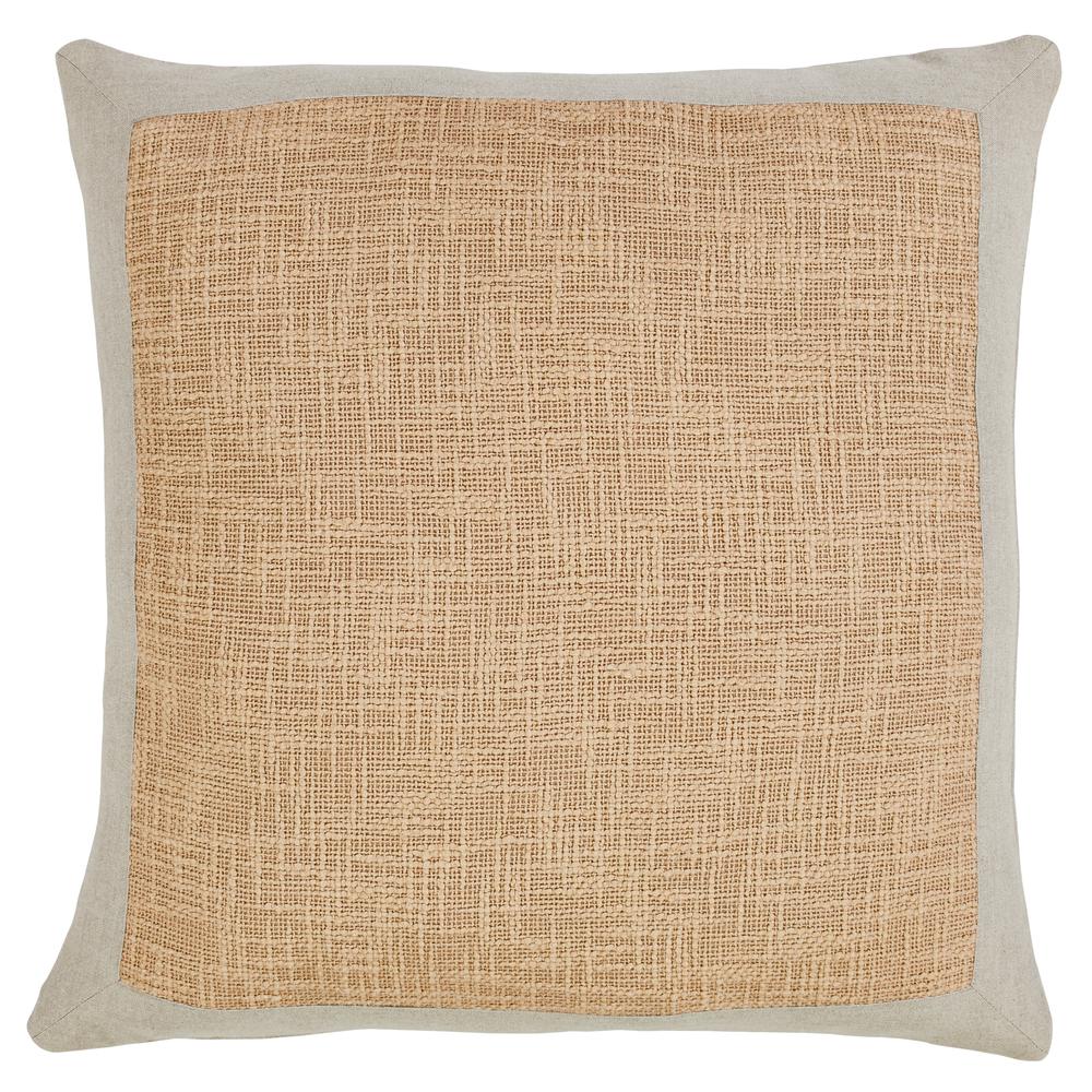 Solid Cotton Boucle Pillow with Linen Border, Filled with Feather and Down Insert, 22"W x 22"H, Nougat Orange. Picture 1