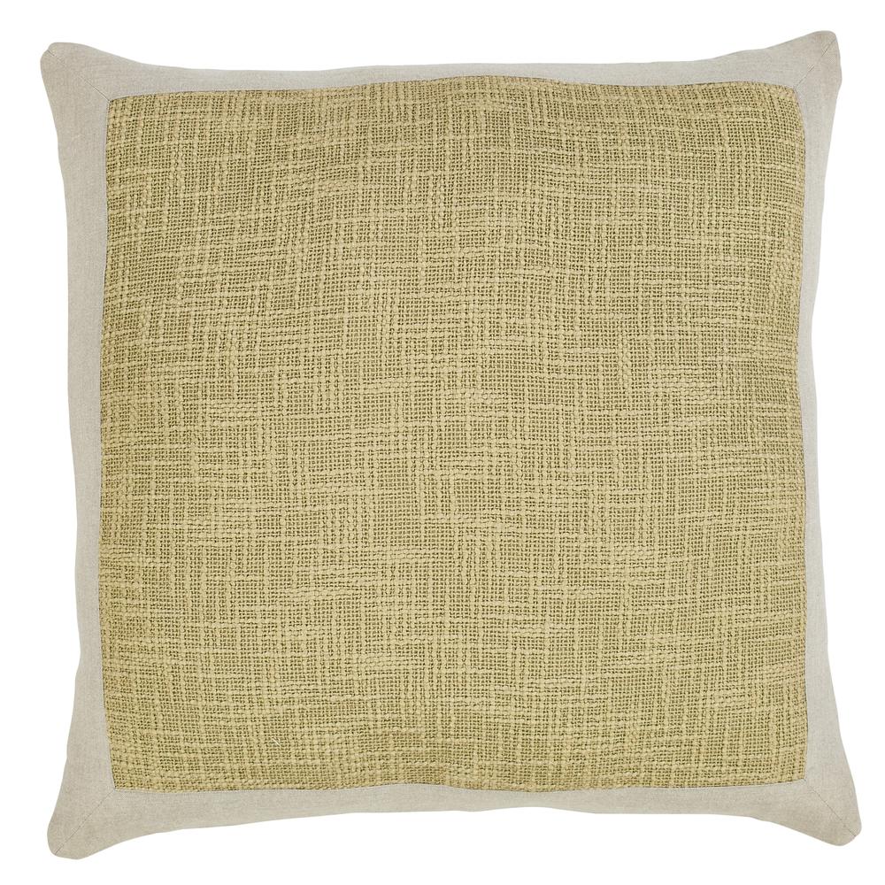 Solid Cotton Boucle Pillow with Linen Border, Filled with Feather and Down Insert, 22"W x 22"H, Starfish Green. Picture 1
