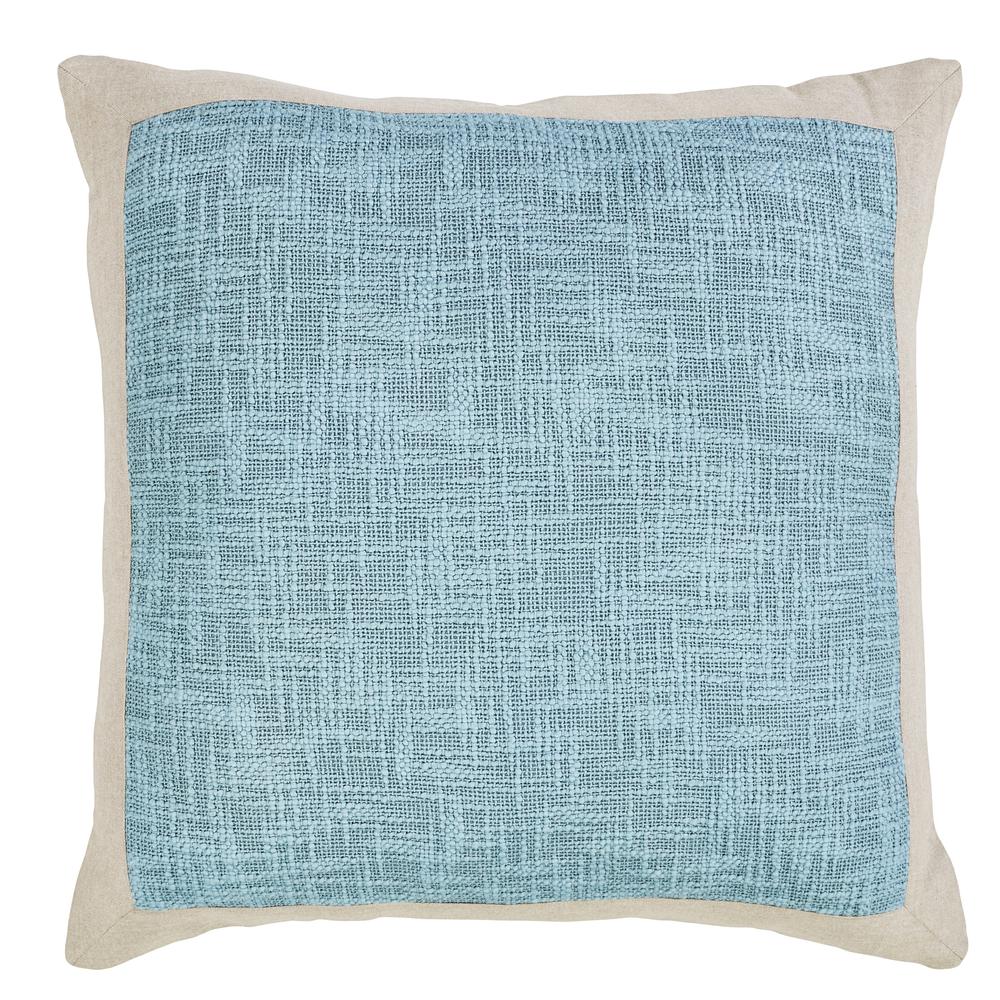 Solid Cotton Boucle Pillow with Linen Border, Filled with Feather and Down Insert, 22"W x 22"H, Tourmaline Blue. Picture 2