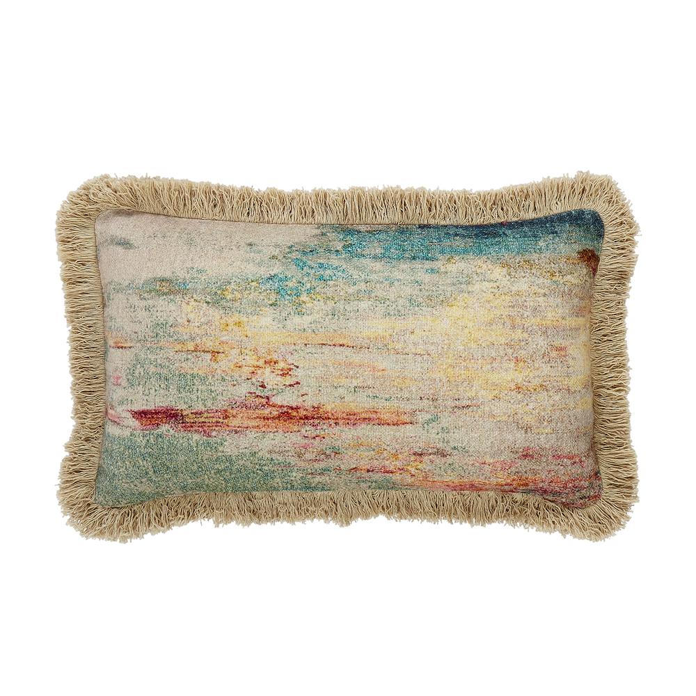 Cotton Print Fringe Pillow, Filled with Feather and Down Insert, 12"W x 20"H, Multicolor. Picture 2