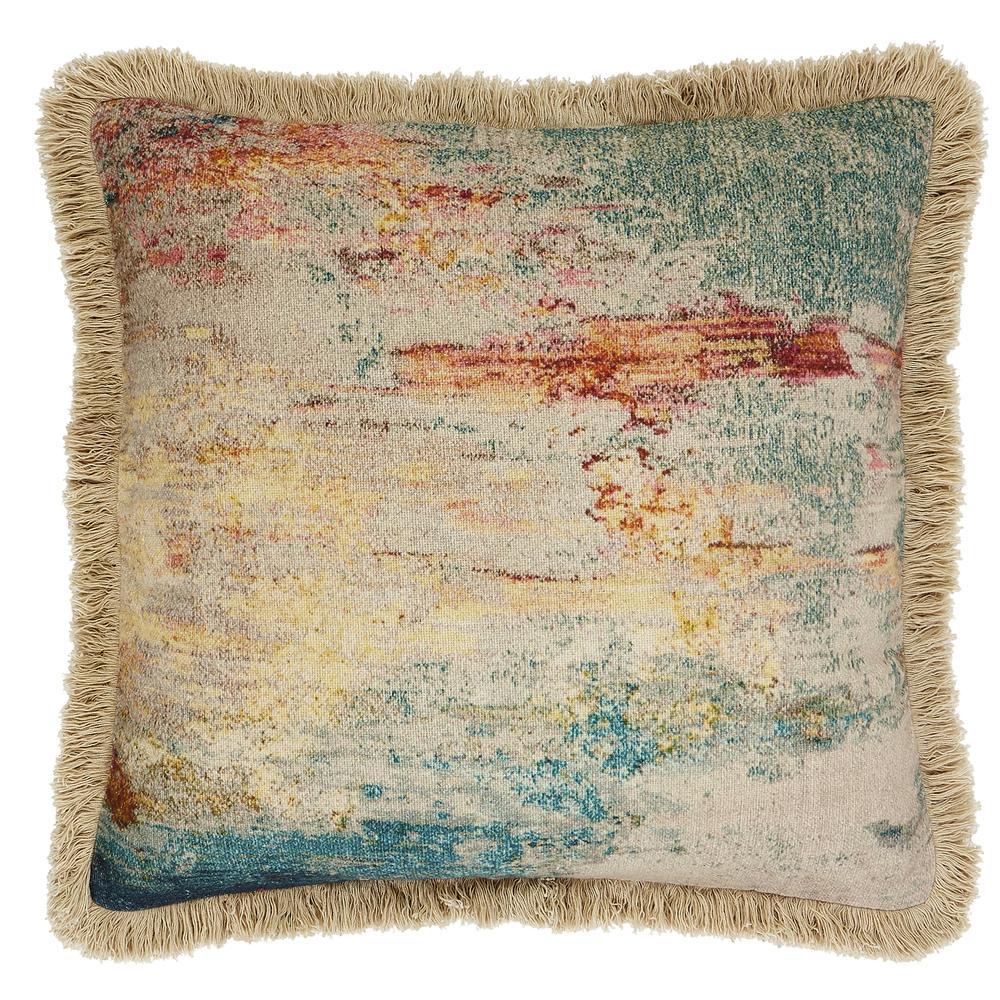 Cotton Print Fringe Pillow, Filled with Feather and Down Insert, 22"W x 22"H, Multicolor. Picture 2