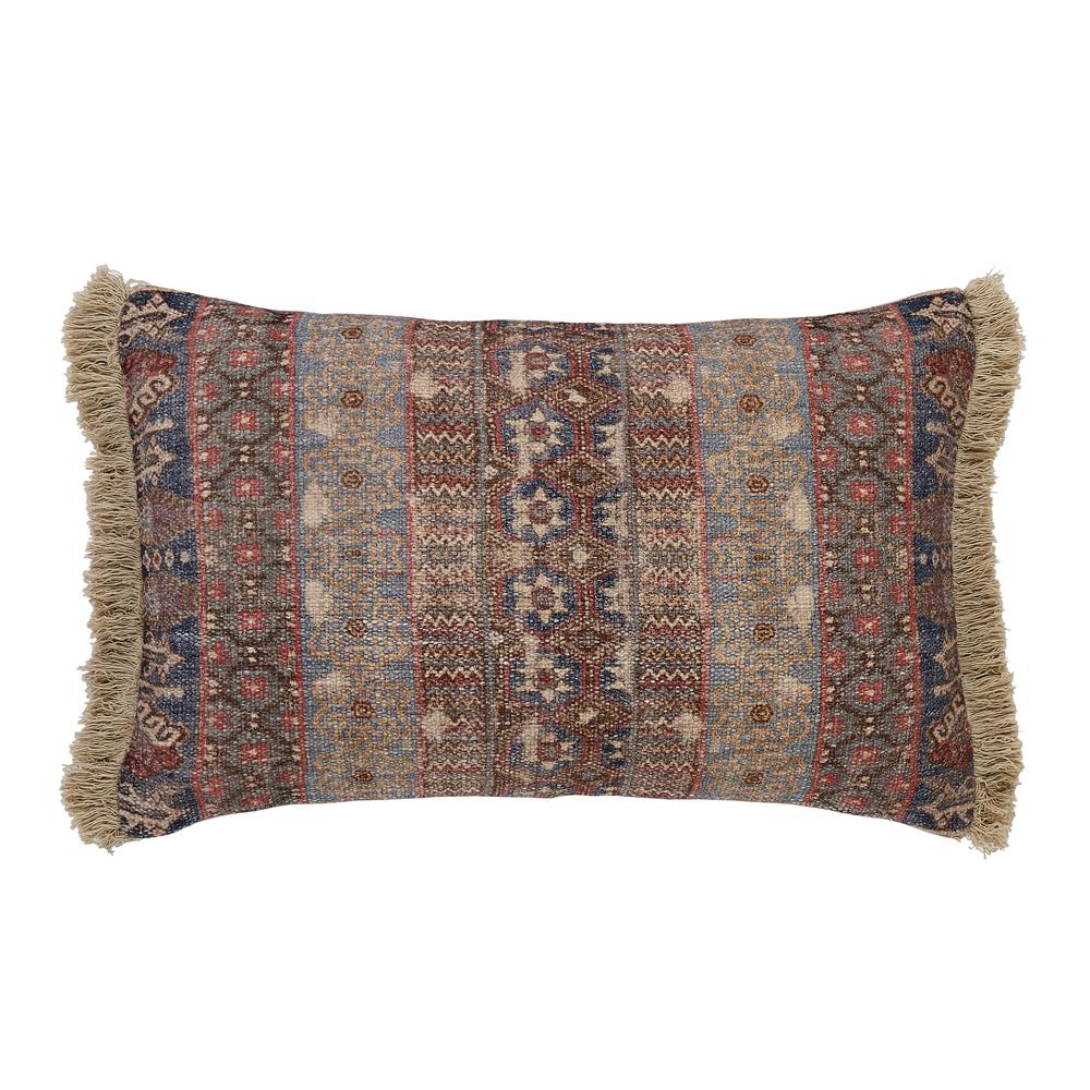 Cotton Print Fringe Pillow, Filled with Feather and Down Insert, 16"W x 24"H. Picture 2