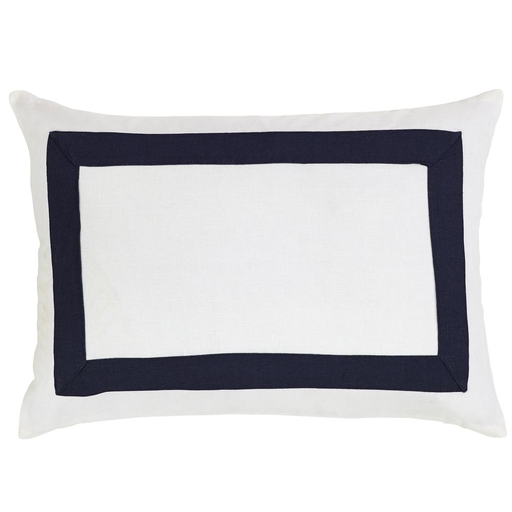 Bordered Linen Cotton Solid Pillow, Filled with Feather and Down Insert, 14"W x 20"H, White with Navy Border. The main picture.