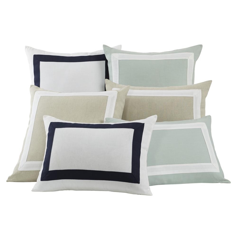 Bordered Linen Cotton Solid Pillow, Filled with Feather and Down Insert, 14"W x 20"H, White with Navy Border. Picture 2