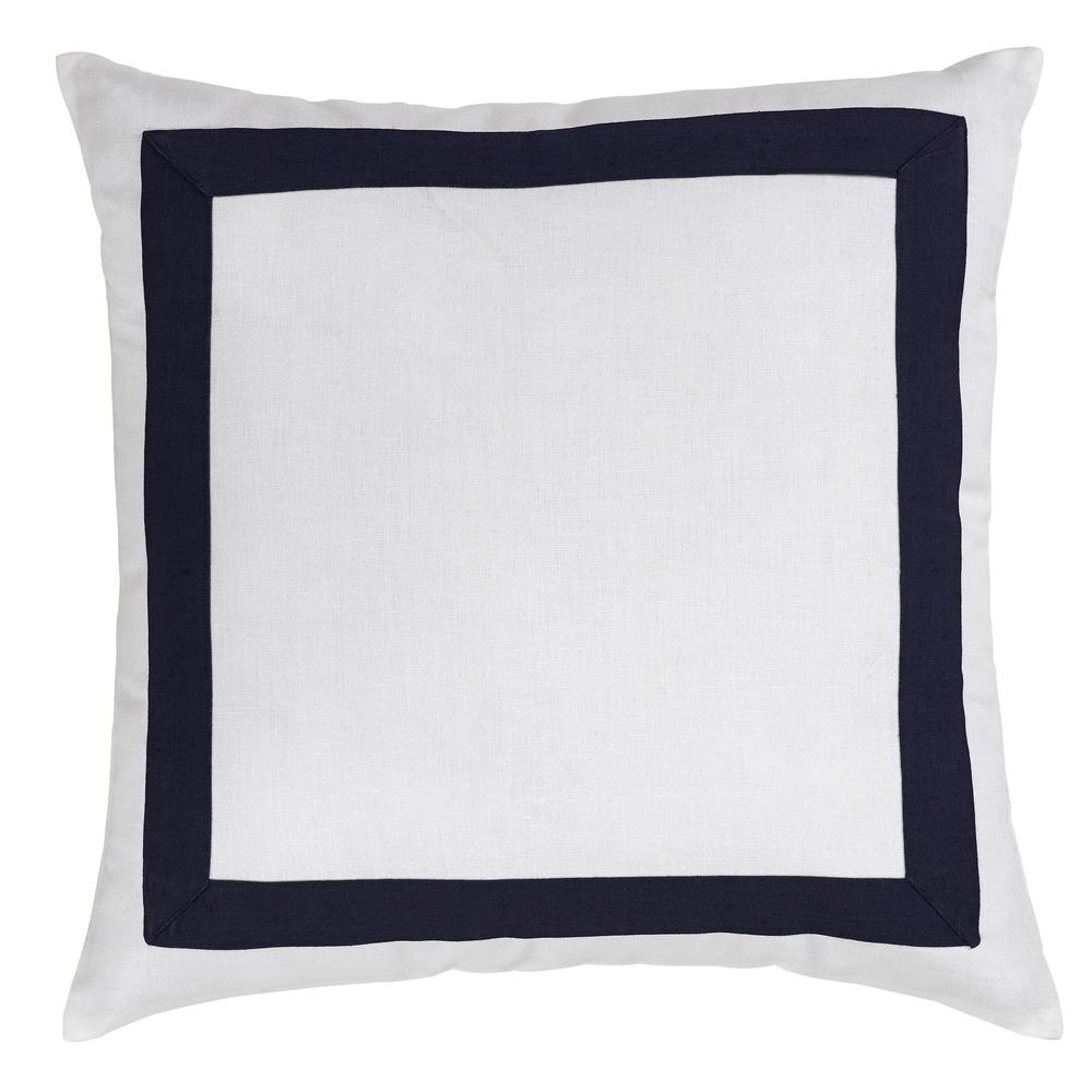 Bordered Linen Cotton Solid Pillow, Filled with Feather and Down Insert, 20"W x 20"H, White with Navy Border. Picture 1