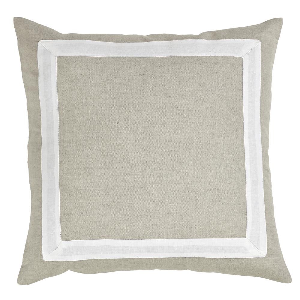 Bordered Linen Cotton Solid Pillow, Filled with Feather and Down Insert, 20"W x 20"H, Natural with White Border. Picture 1
