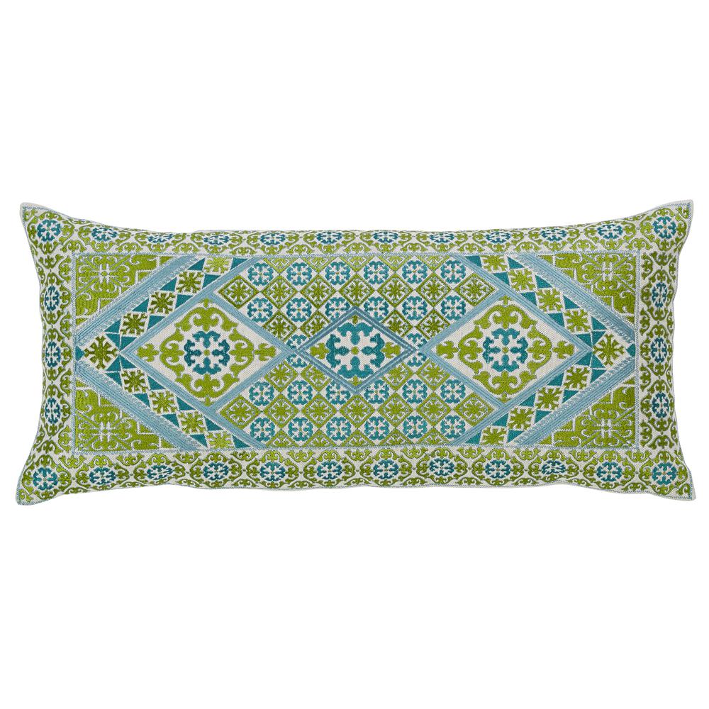 Tile Design Embroidery Pillow, Filled with Feather and Down Insert, 14"W x 31"H, Turquoise. Picture 1