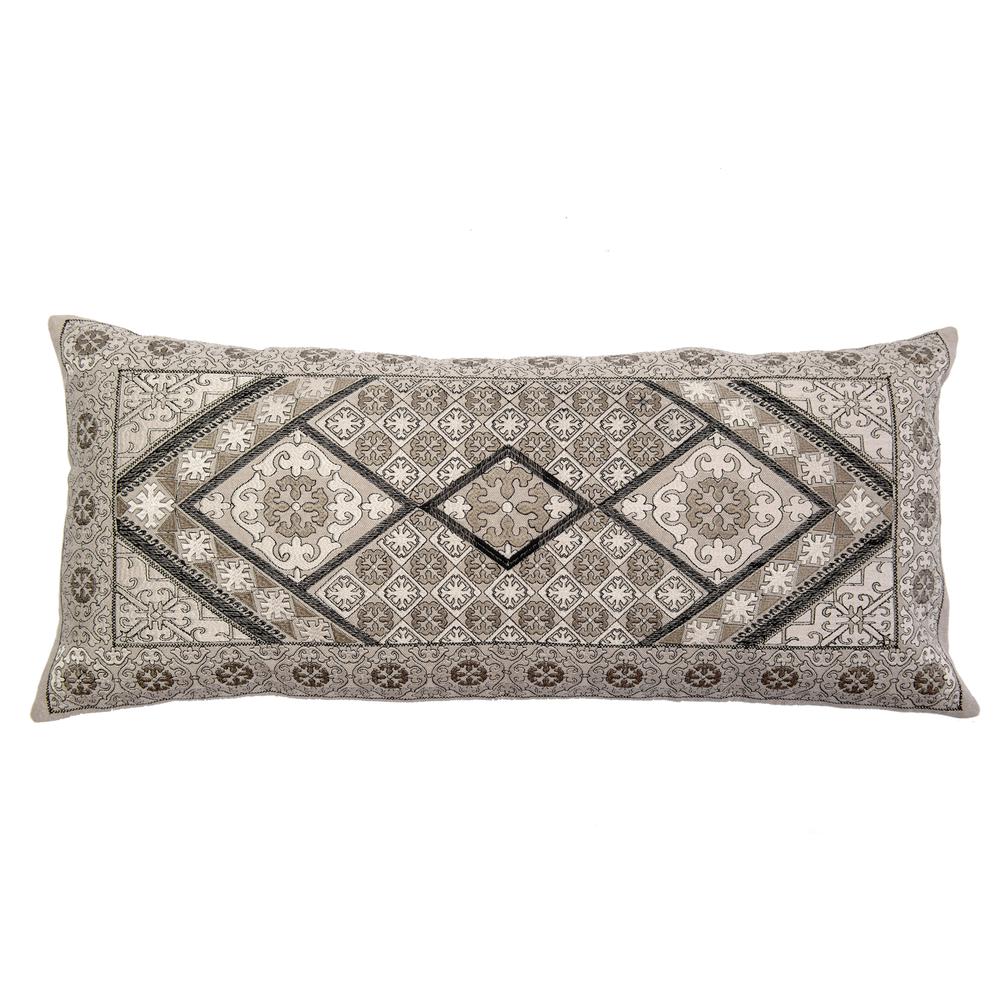 Tile Design Embroidery Pillow, Filled with Feather and Down Insert, 20"W x 20"H, Grey. The main picture.