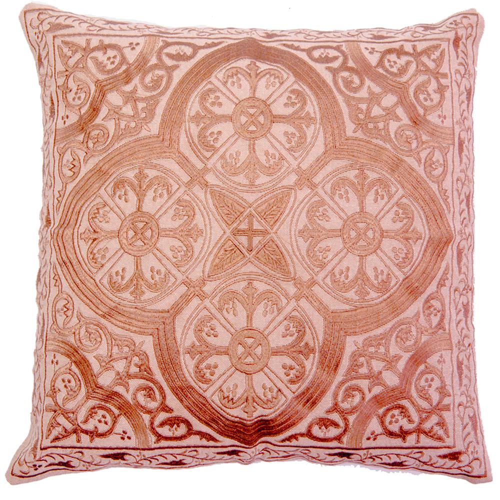 Quatrafoil Embroidery Pillow, Filled with Feather and Down Insert, 20"W x 20"H, Coral. Picture 1