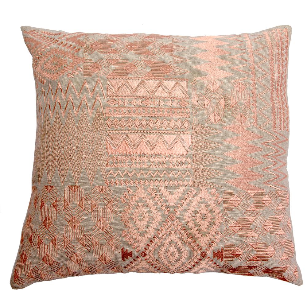 Embroidery Patch Pillow, Filled with Feather and Down Insert, 20"W x 20"H, Coral. Picture 1