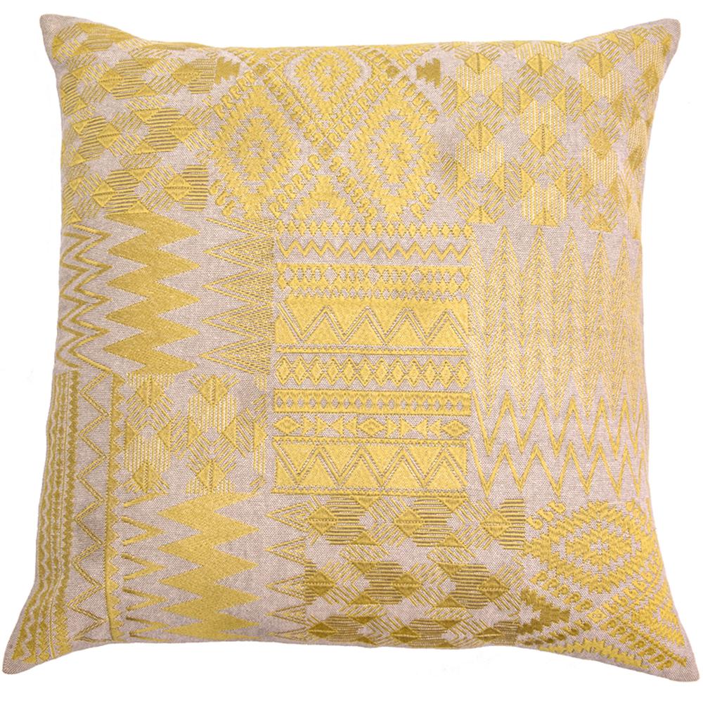 Embroidery Patch Pillow, Filled with Feather and Down Insert, 20"W x 20"H, Yellow. Picture 1