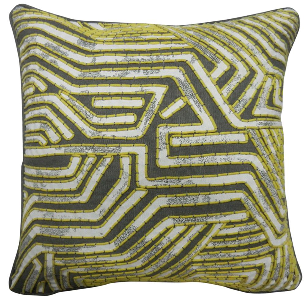 Maze Patchwork Pillow, Filled with Feather and Down Insert, 20"W x 20"H, Yellow. Picture 1