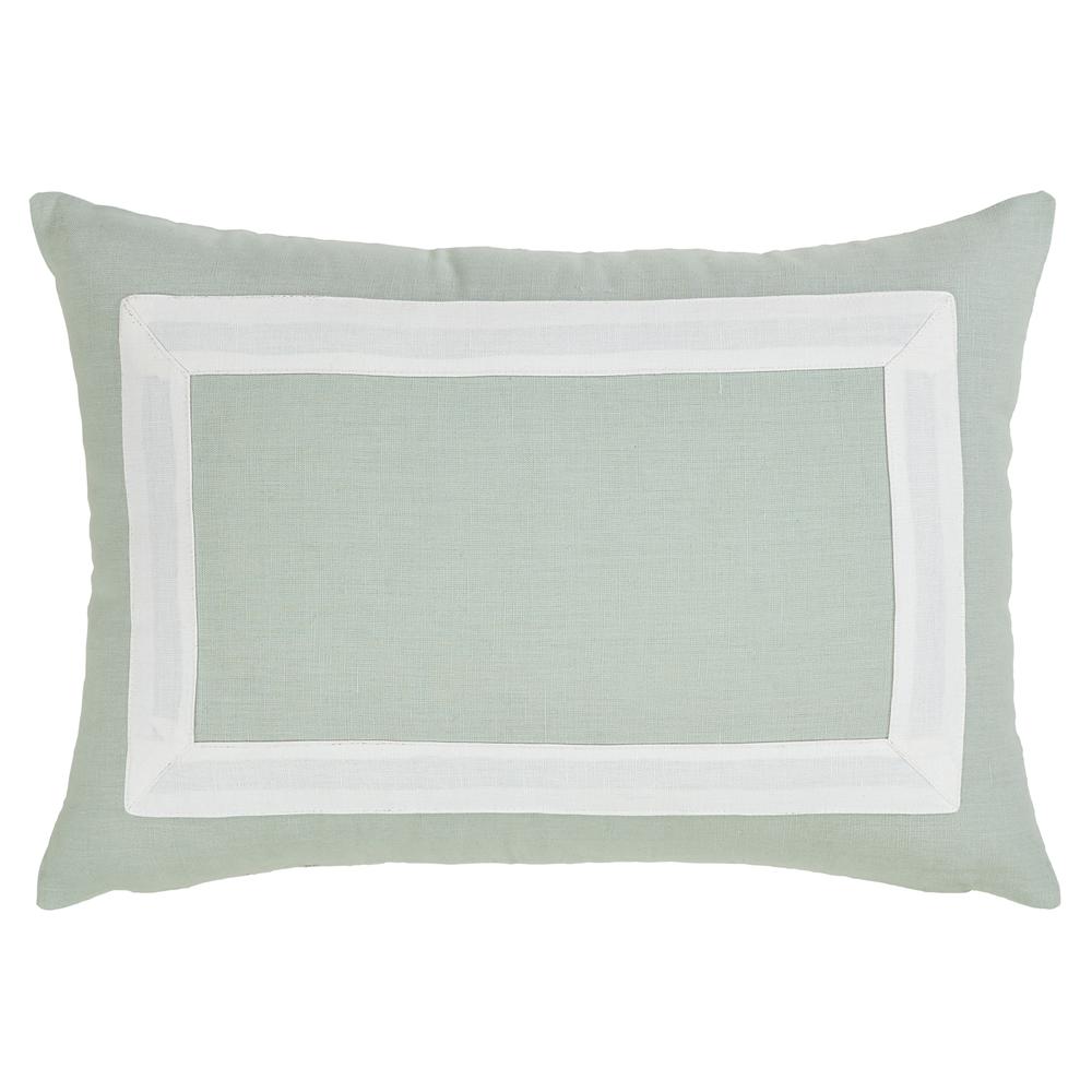 Bordered Linen Cotton Solid Pillow, Filled with Feather and Down Insert, 14"W x 20"H, Mosaic Blue with White Border. Picture 1