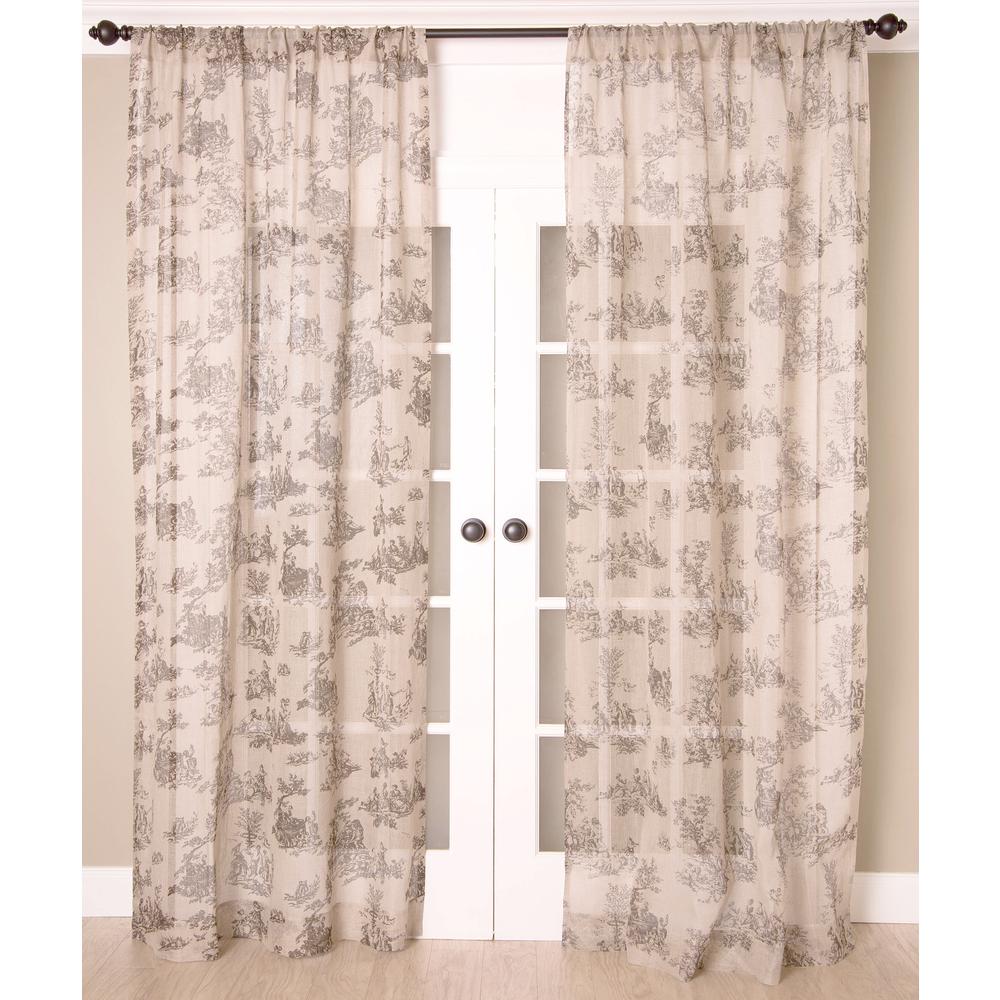 Pure Toile Print Linen Sheer Curtain Panel, Unlined, Rod Pocket - Single Curtain Panel, 52"W x 96"L, Natural. Picture 1