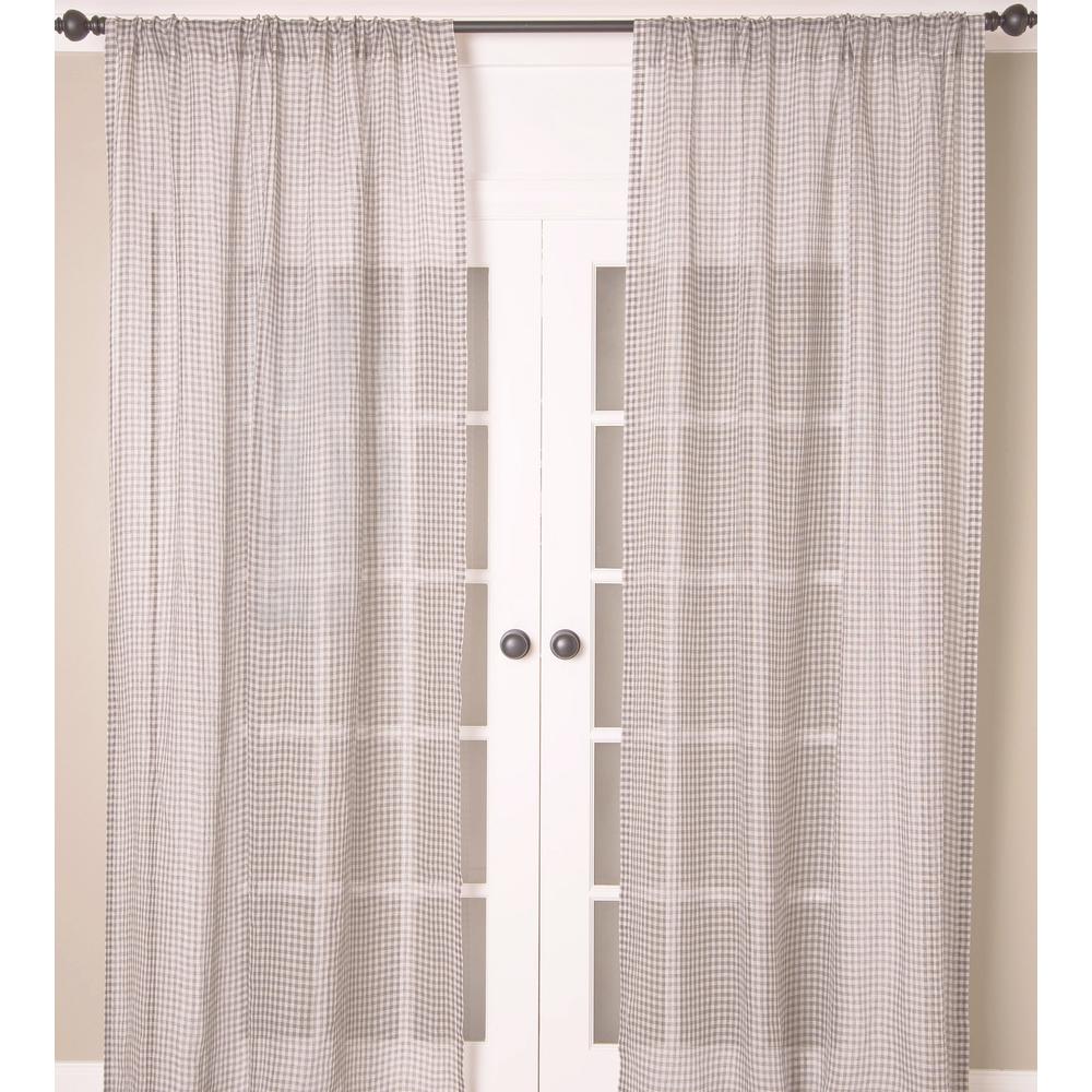 Cottage Checks Pure Linen Sheer Stripes Panel Unlined Rod Pocket - Single Curtain Panel, 52"W x 84"L, Grey White Checks. Picture 1
