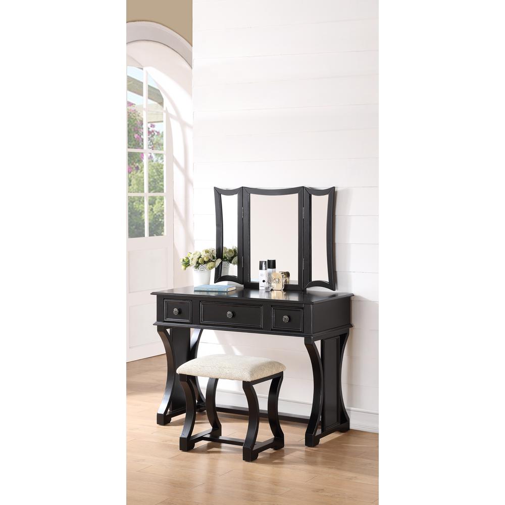 Poundex Wooden Makeup Vanity Set Desk, Mirror and Stool - Black, 43" W x 19" D x 54" H, Package Weight 89. Picture 2