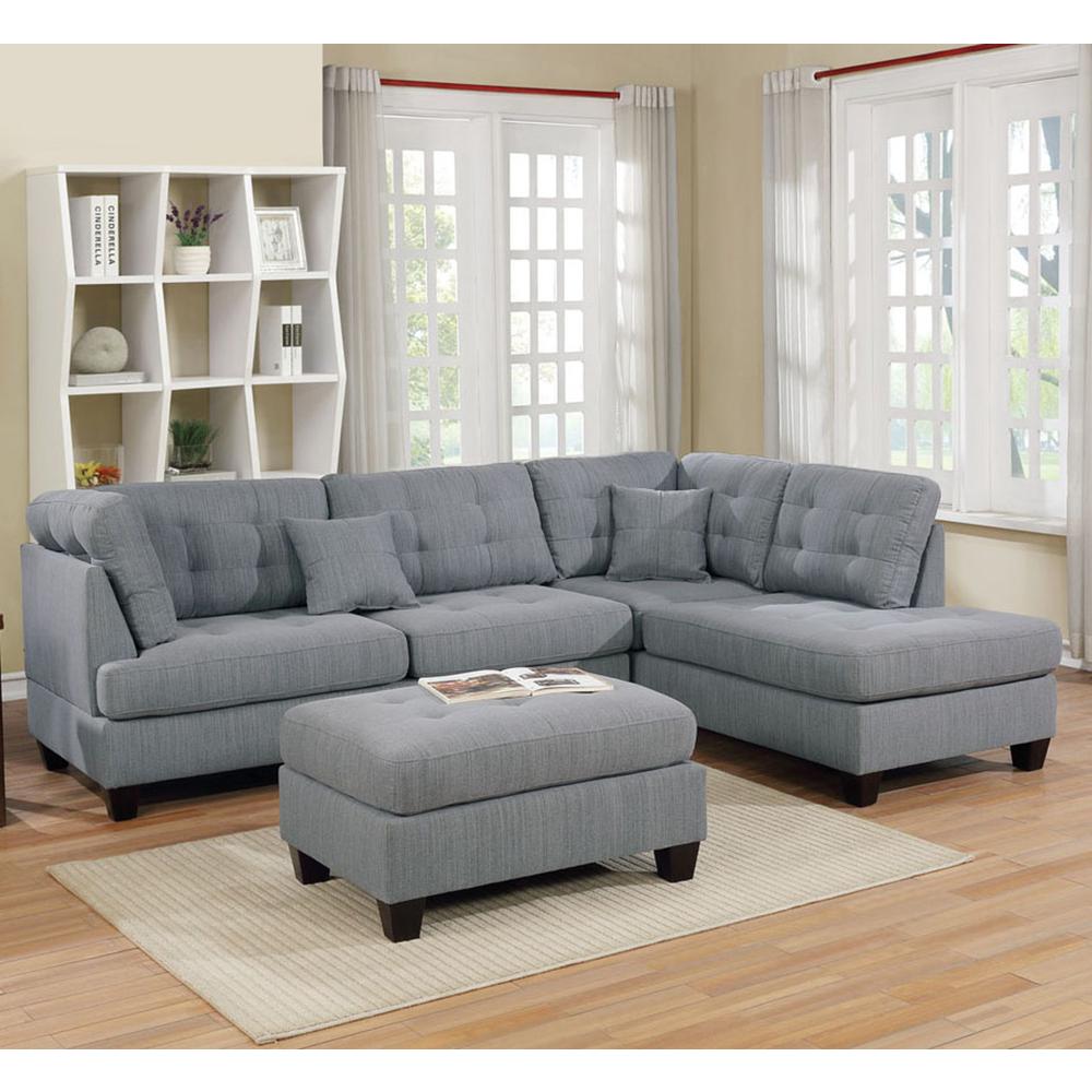 Fabric 3 Piece Sectional Sofa Set with Ottoman in Gray. Picture 1