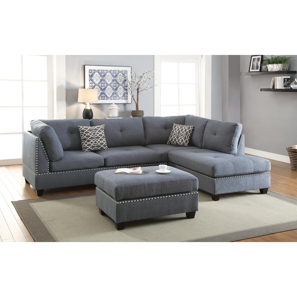 Poundex 3 Piece Fabric Sectional Set with Ottoman in Blue, 104" W x 75" D x 35" H, Package Weight 98. Picture 1