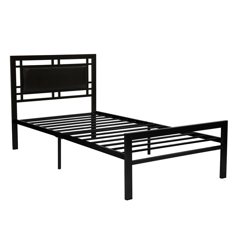 Furniture  Twin  Bed With  Metal Frame in Black With Faux Leather. Picture 3
