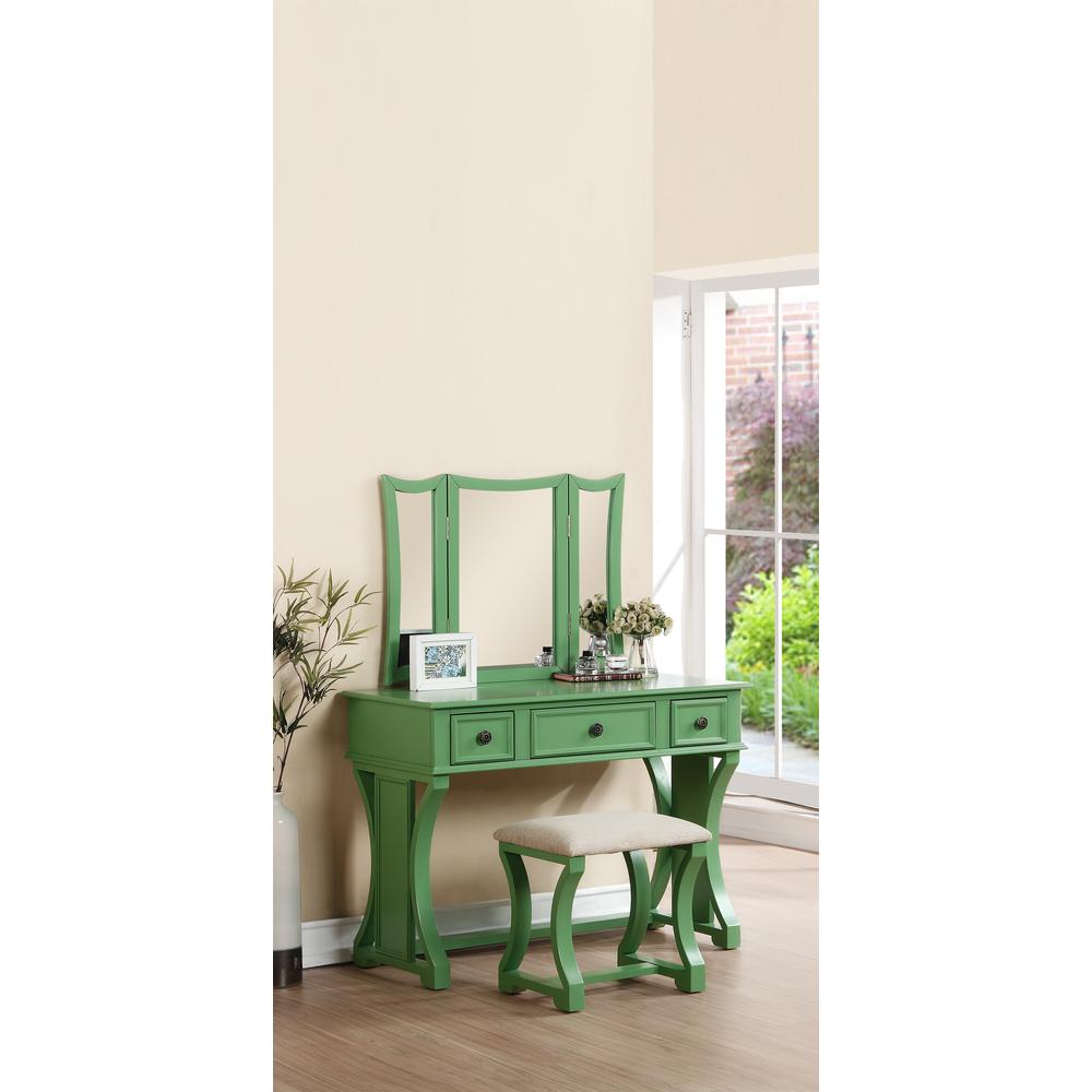 Poundex Wooden Makeup Vanity Set Desk, Mirror and Stool - Apple Green, 43" W x 19" D x 54" H, Package Weight 89. Picture 2