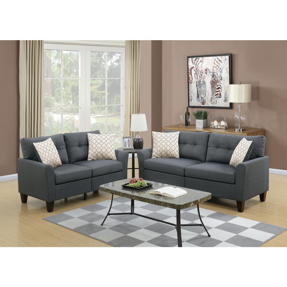 Poundex 2 Piece Fabric Sofa Loveseat Set in Charcoal Gray Color, Sofa 72" W x 32" D x 35" H, Loveseat 58" W x 32" D x 35" H, Package Weight 82. Picture 5