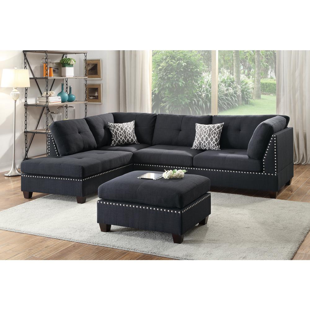 Poundex 3 Piece Fabric Sectional Set with Ottoman in Black, 104" W x 75" D x 35" H, Package Weight 108. Picture 6