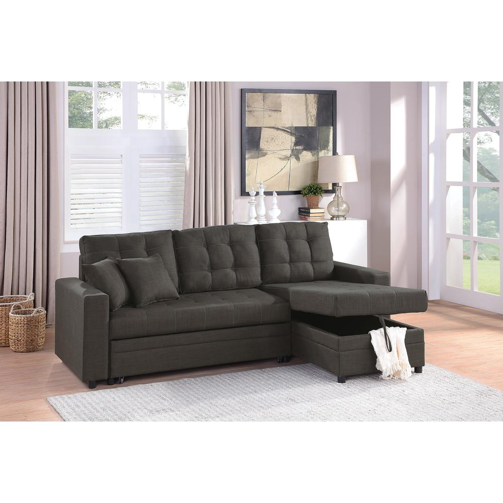 Furniture Polyfiber Fabric Convertible Sectional in Ash Black. Picture 1