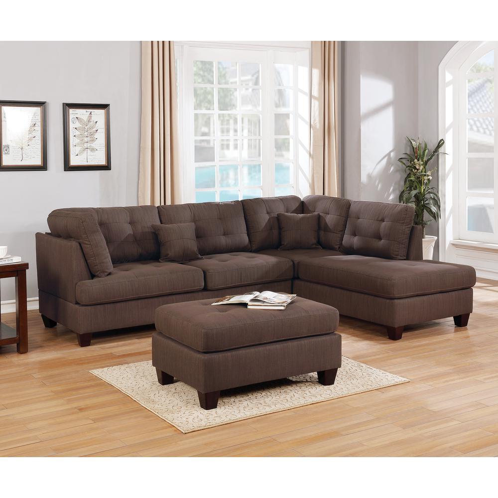 Poundex 3 Piece Fabric Sectional Set with Ottoman in Black Coffee, 104" W x 75" D x 35" H, Package Weight 94. Picture 2