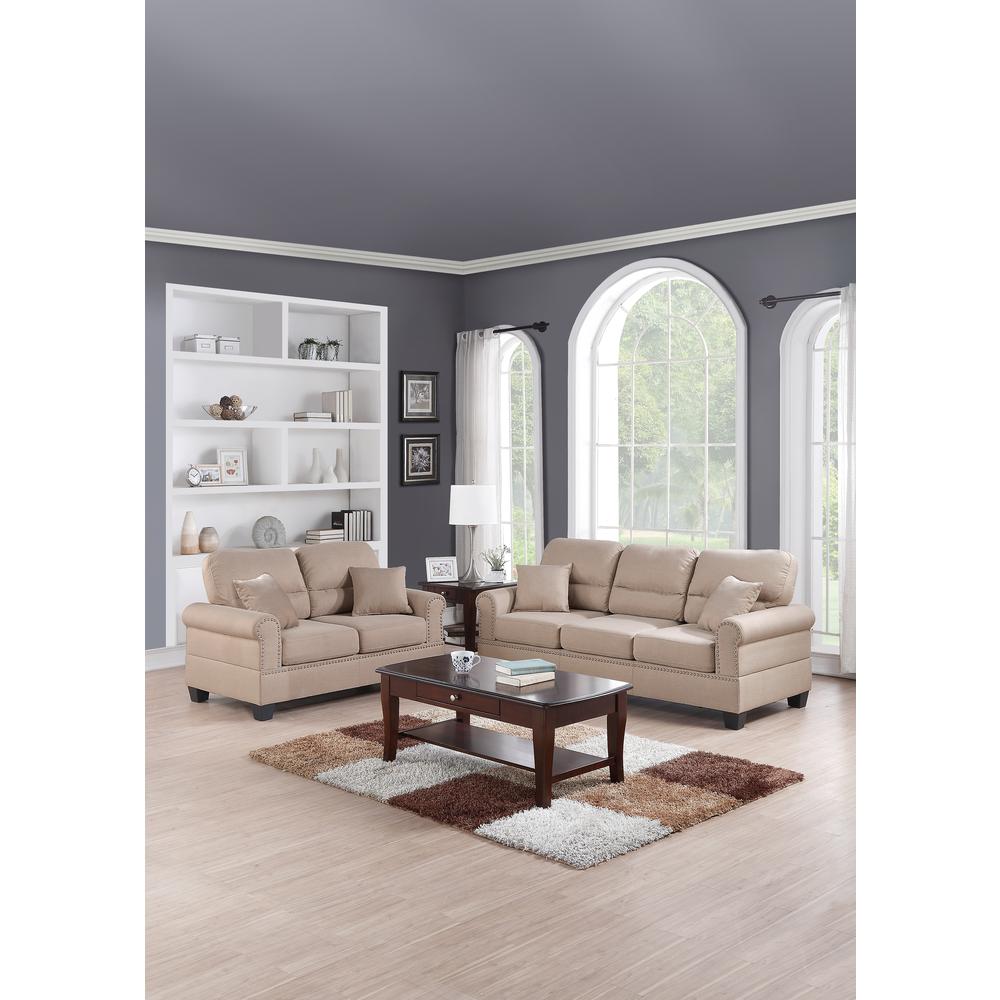 Poundex 2 Piece Sofa and Loveseat Set in Sand Tan Fabric, Sofa 79" W x 33" D x 35" H, Loveseat 58" W x 33" D x 35" H , Package Weight 84. Picture 1
