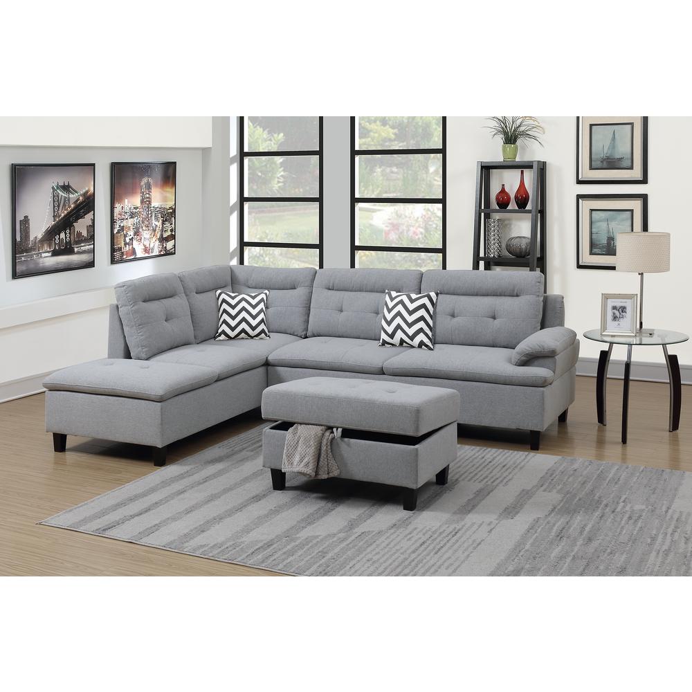Poundex 3 Piece Fabric Sectional Set with Storage Ottoman in Gray, 105" W x 77" D x 37" H, Package Weight 96. Picture 2