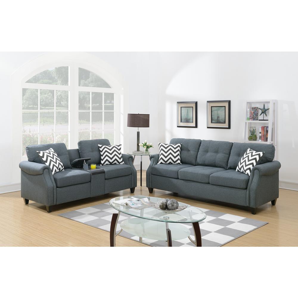 Poundex 2 Piece Fabric Sofa Set with USB Console in Blue Gray, Sofa: 84" W x 33" D x 36" H, Loveseat with USB Console: 72" W x 33" D x 36" H, Package Weight 129. Picture 2