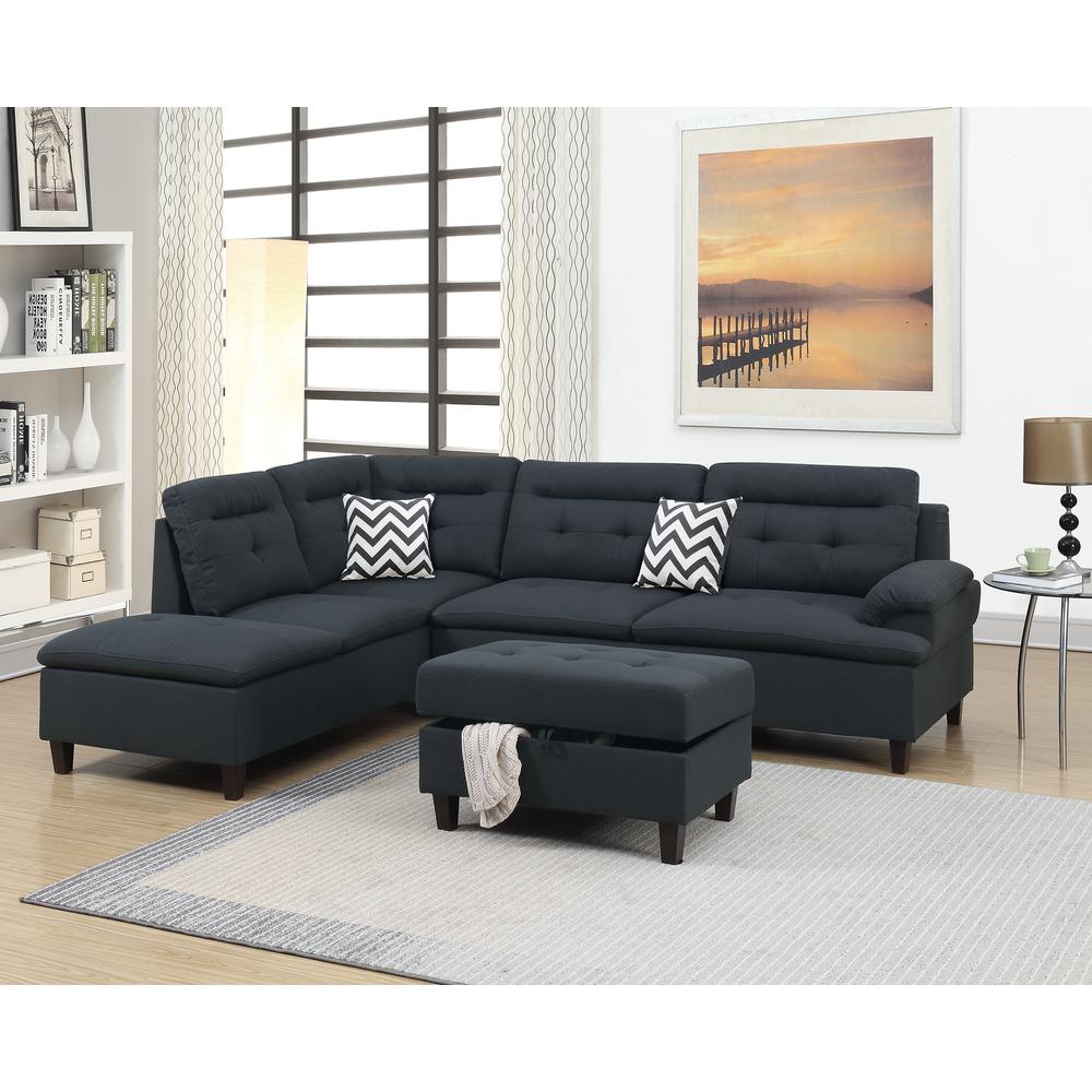 Poundex 3 Piece Fabric Sectional Set with Storage Ottoman in Black, 105" W x 77" D x 37" H, Package Weight 96. Picture 2