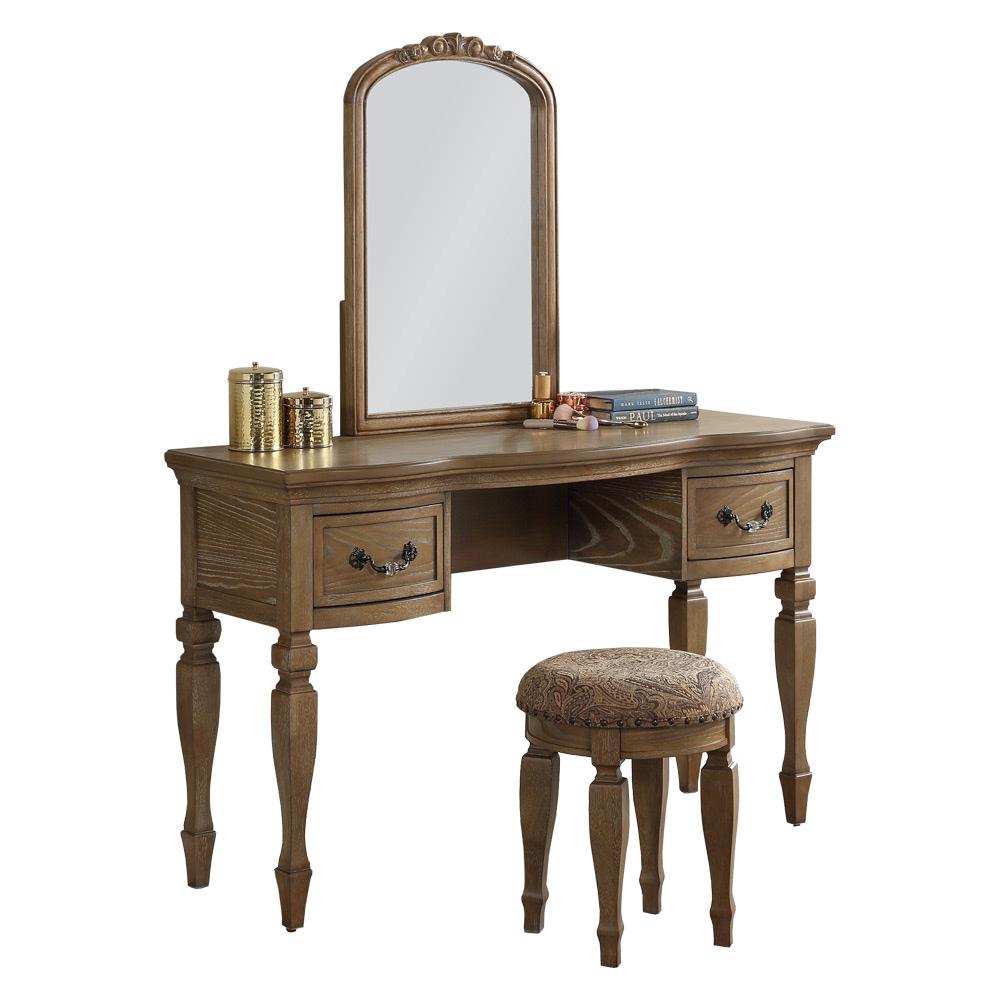 Poundex Wooden Makeup Vanity Set Desk, Mirror and Stool - Antique Oak, 54" W x 19" D x 60" H, Package Weight 110. Picture 1
