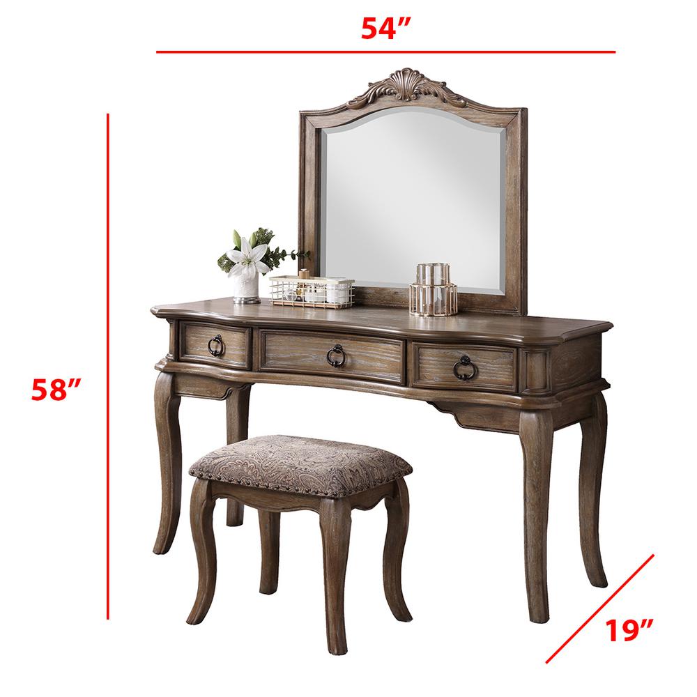 Poundex Wooden Makeup Vanity Set Desk, Mirror and Stool - Antique Oak, 54" W x 19" D x 60" H, Package Weight 134. Picture 2
