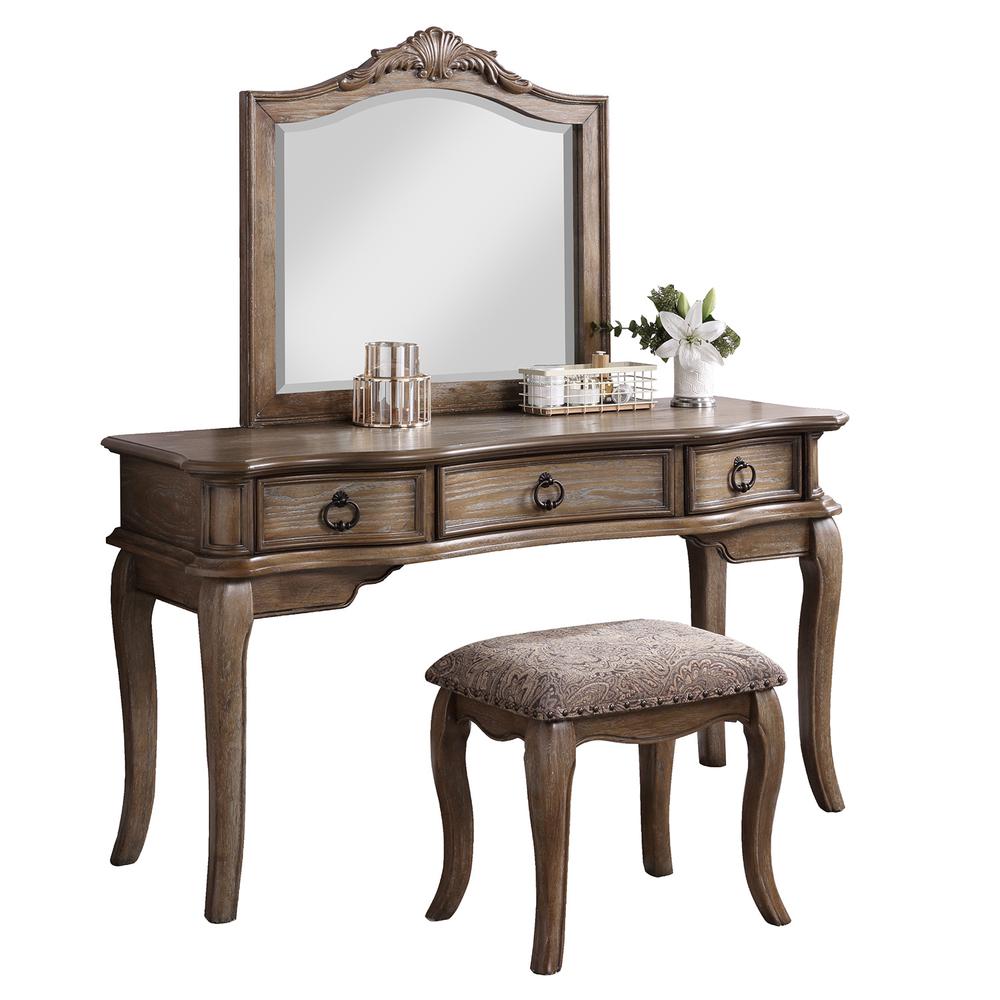 Poundex Wooden Makeup Vanity Set Desk, Mirror and Stool - Antique Oak, 54" W x 19" D x 60" H, Package Weight 134. Picture 1