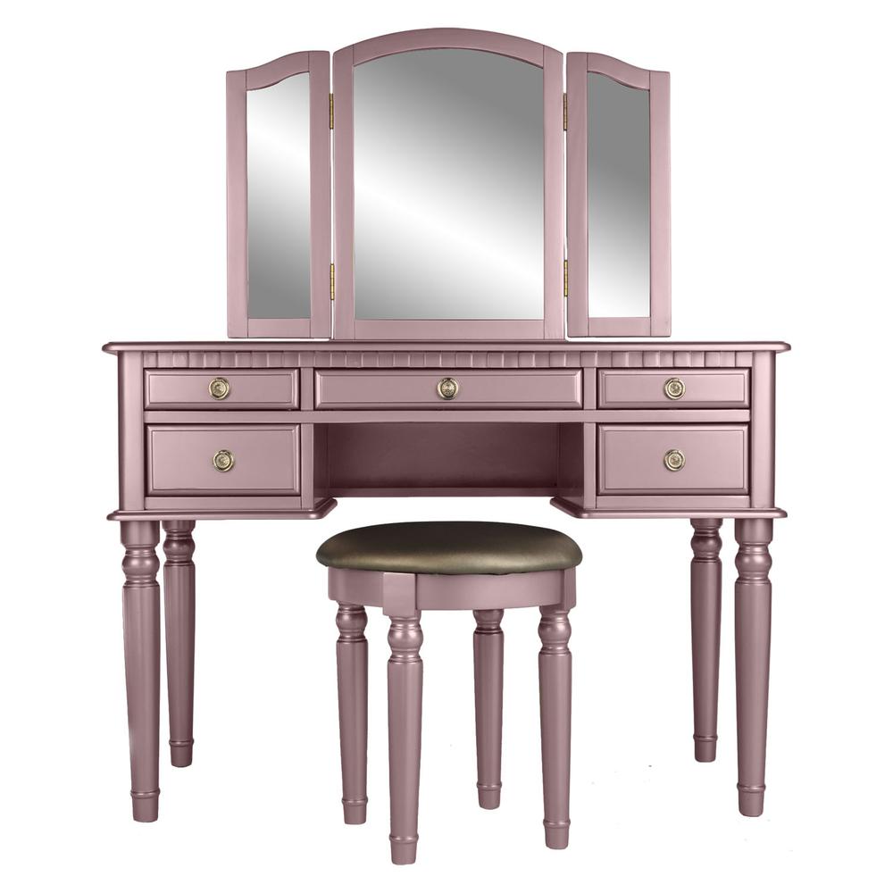 Poundex Wooden Makeup Vanity Set Desk, Mirror and Stool - Rose Gold, 43" W x 19" D x 54" H, Package Weight 91. Picture 2