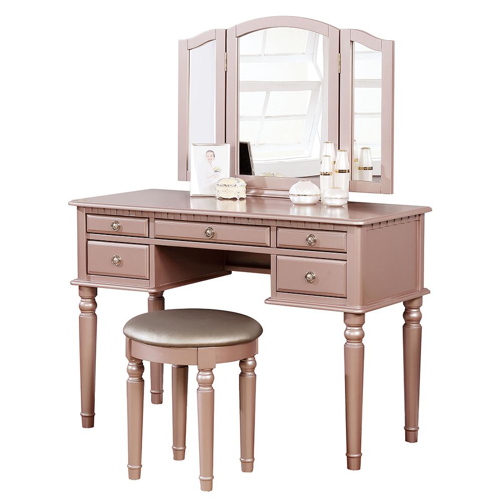 Poundex Wooden Makeup Vanity Set Desk, Mirror and Stool - Rose Gold, 43" W x 19" D x 54" H, Package Weight 91. Picture 1
