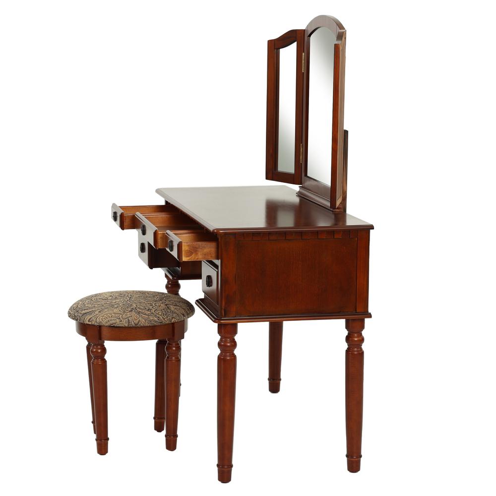 Poundex Wooden Makeup Vanity Set Desk, Mirror and Stool - Cherry, 43" W x 19" D x 54" H, Package Weight 91. Picture 2