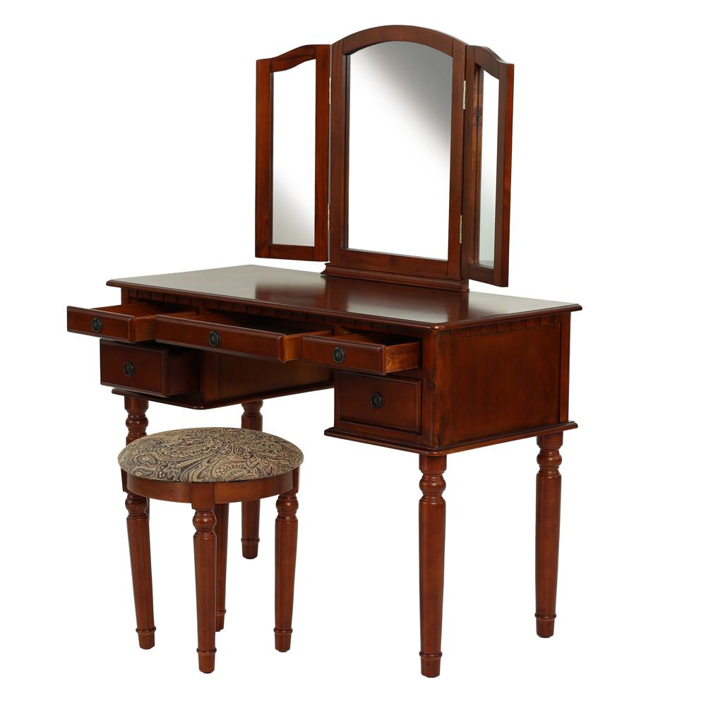 Poundex Wooden Makeup Vanity Set Desk, Mirror and Stool - Cherry, 43" W x 19" D x 54" H, Package Weight 91. Picture 1