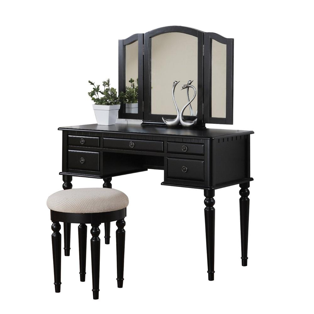 Poundex Wooden Makeup Vanity Set Desk, Mirror and Stool - Black, 43" W x 19" D x 54" H, Package Weight 91. Picture 1