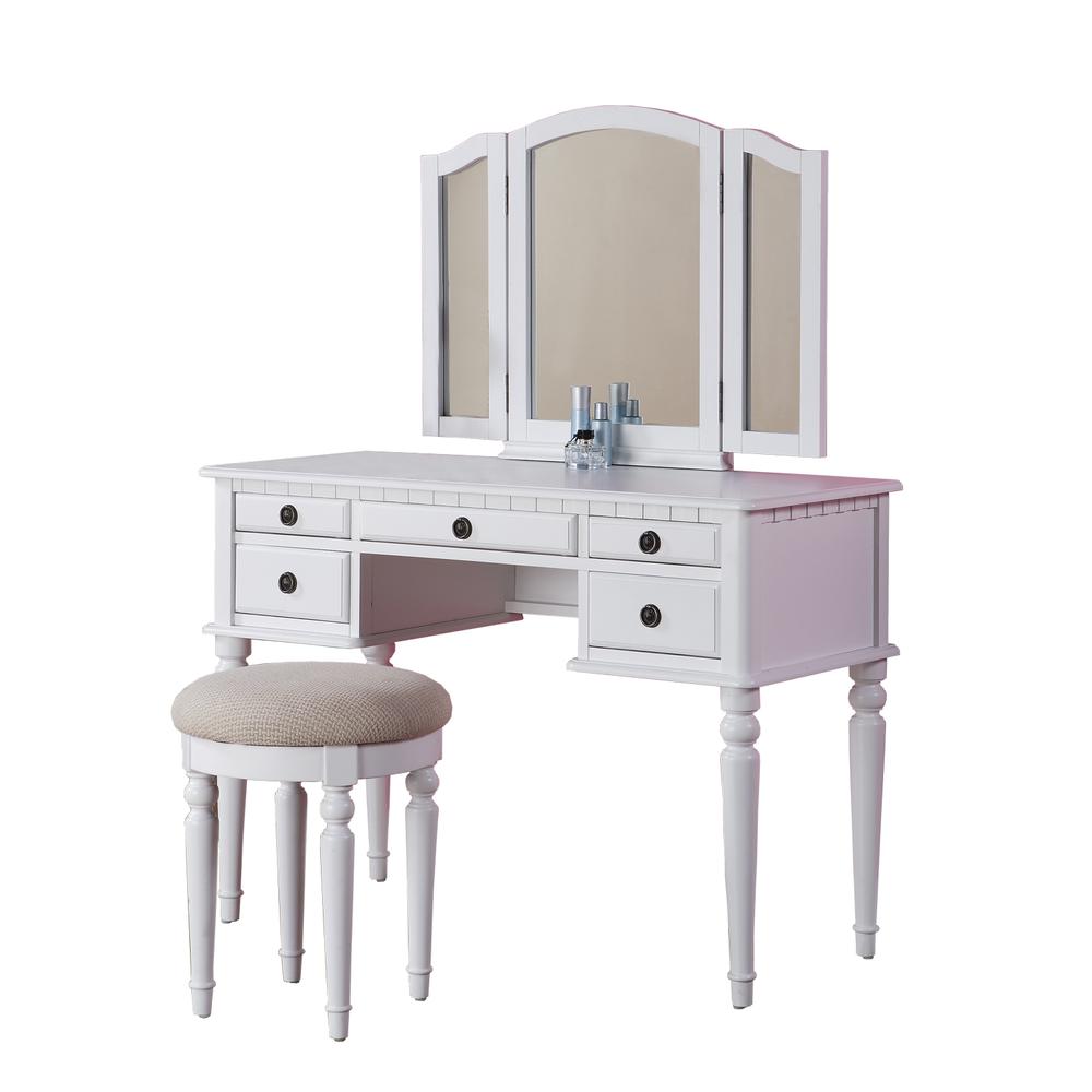 Poundex Wooden Makeup Vanity Set Desk, Mirror and Stool - White , 43" W x 19" D x 54" H, Package Weight 91. Picture 7