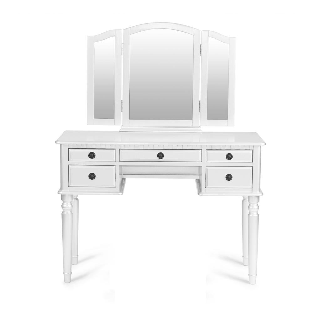 Poundex Wooden Makeup Vanity Set Desk, Mirror and Stool - White , 43" W x 19" D x 54" H, Package Weight 91. Picture 3