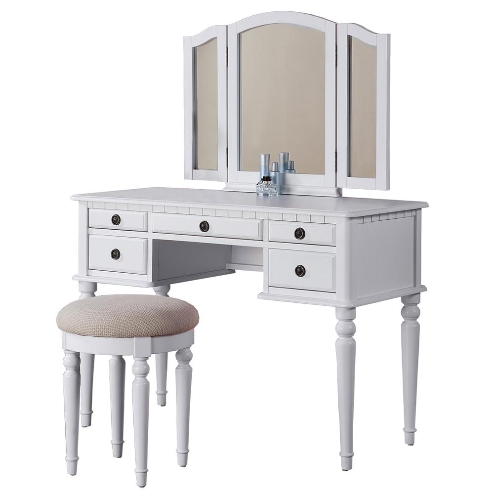 Poundex Wooden Makeup Vanity Set Desk, Mirror and Stool - White , 43" W x 19" D x 54" H, Package Weight 91. Picture 1