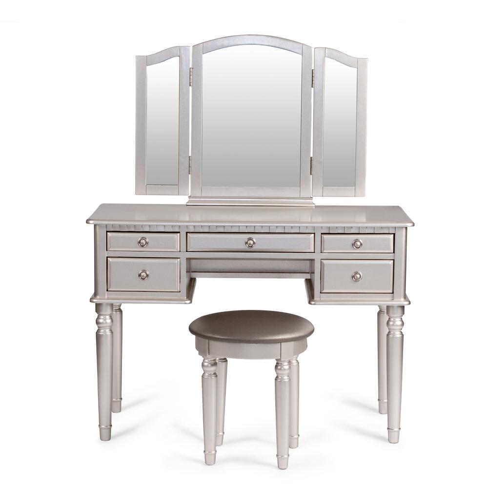 Poundex Wooden Makeup Vanity Set Desk, Mirror and Stool - Silver, 43" W x 19" D x 54" H, Package Weight 91. Picture 2