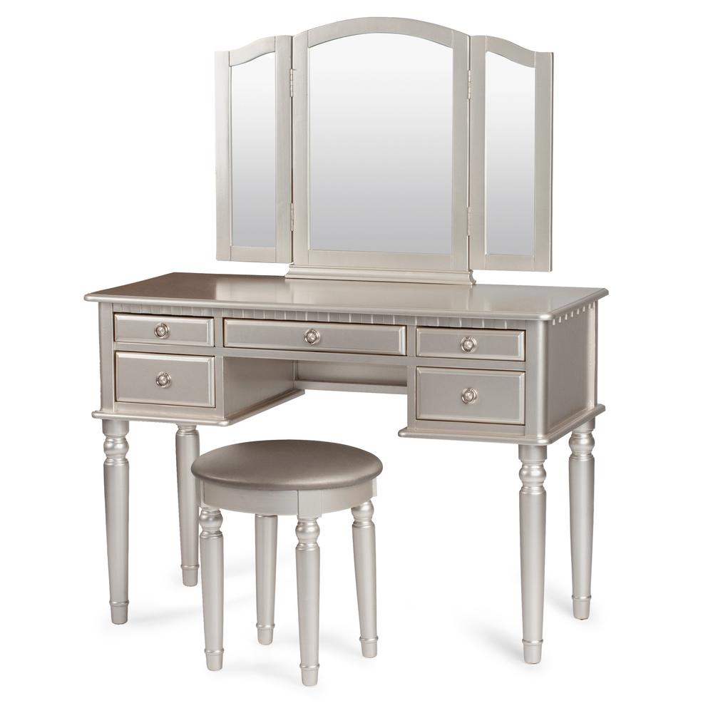 Poundex Wooden Makeup Vanity Set Desk, Mirror and Stool - Silver, 43" W x 19" D x 54" H, Package Weight 91. The main picture.