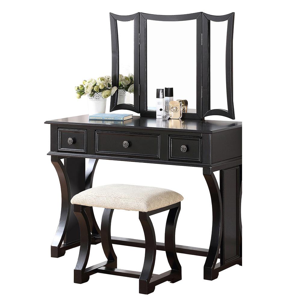 Poundex Wooden Makeup Vanity Set Desk, Mirror and Stool - Black, 43" W x 19" D x 54" H, Package Weight 89. Picture 1