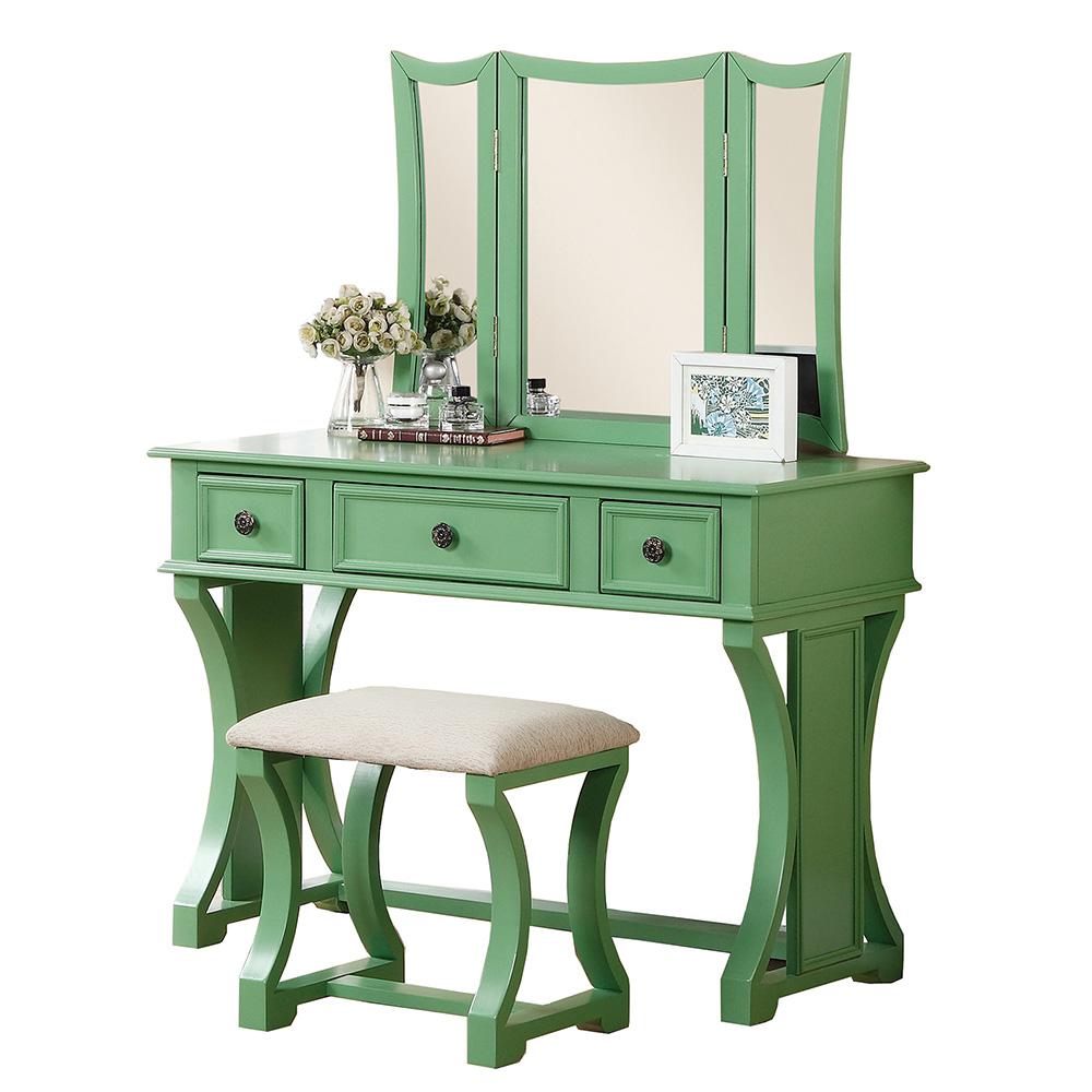 Poundex Wooden Makeup Vanity Set Desk, Mirror and Stool - Apple Green, 43" W x 19" D x 54" H, Package Weight 89. Picture 1