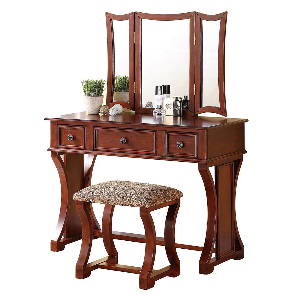 Poundex Wooden Makeup Vanity Set Desk, Mirror and Stool - Cherry, 43" W x 19" D x 54" H, Package Weight 89. Picture 1