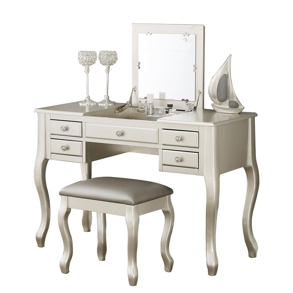 Poundex Wooden Makeup Vanity Set Desk, Mirror and Stool - Silver, 43" W x 18" D x 30" up-to 47" H, Package Weight 80. Picture 1
